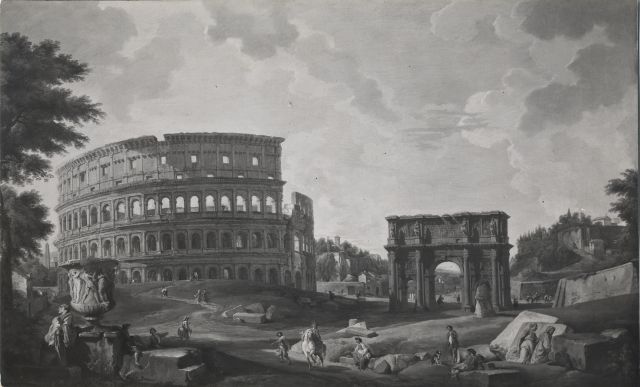 Anonimo — Panini Giovanni Paolo - sec. XVIII - Veduta di fantasia con il Colosseo e l'arco di Costantino — insieme